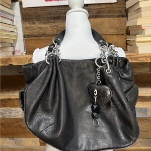 Juicy Couture Black Leather Shoulder Bag with Chain Handles and Heart Charm